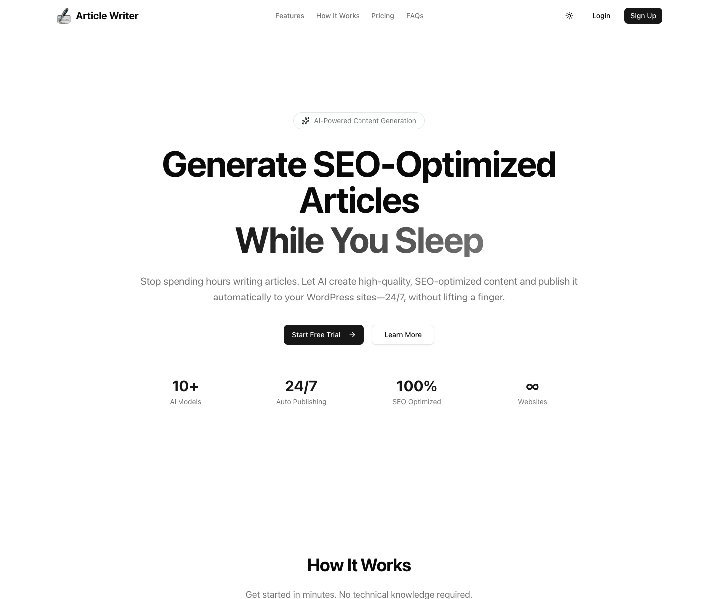 ArticleWriter landing page screenshot