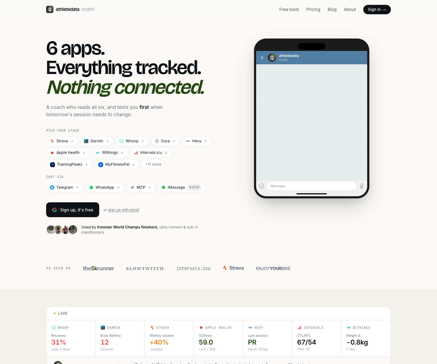 athletedata.health landing page screenshot