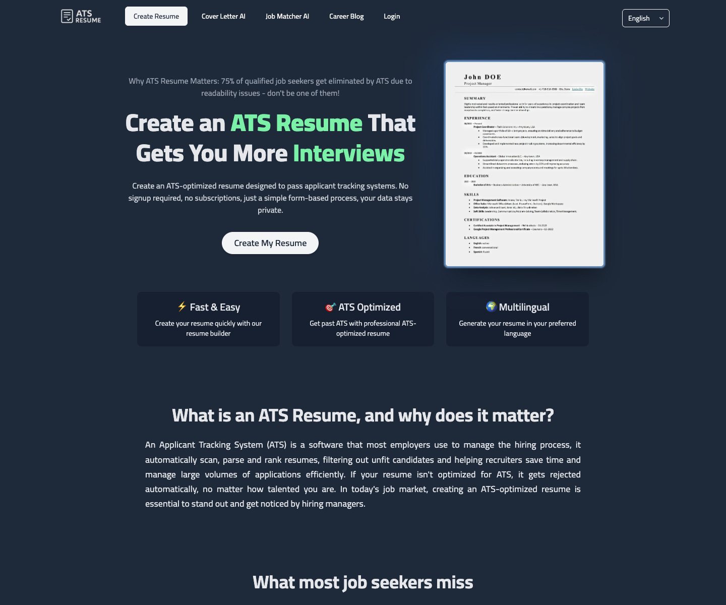 ATS Resume Builder landing page screenshot