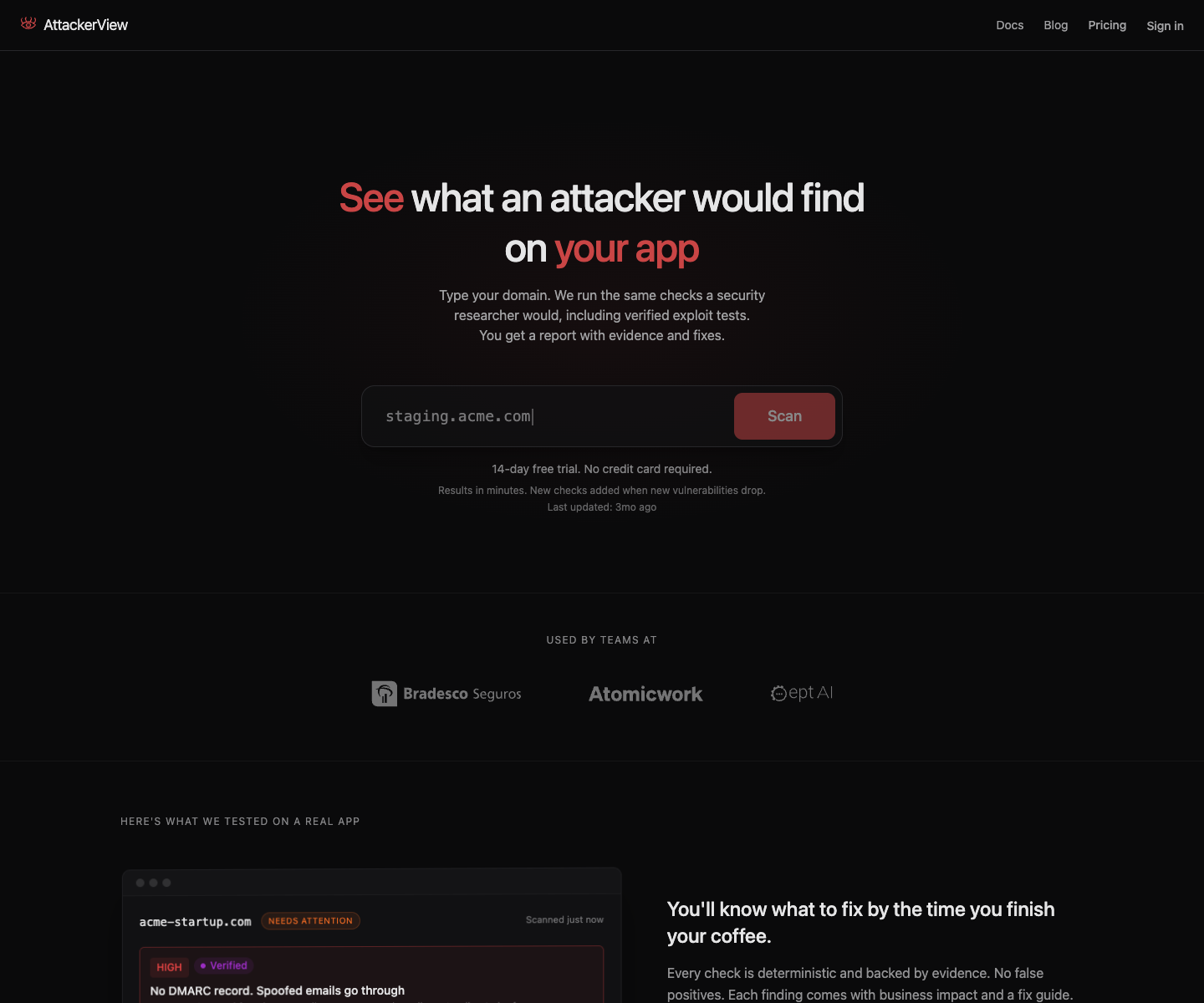 AttackerView landing page screenshot