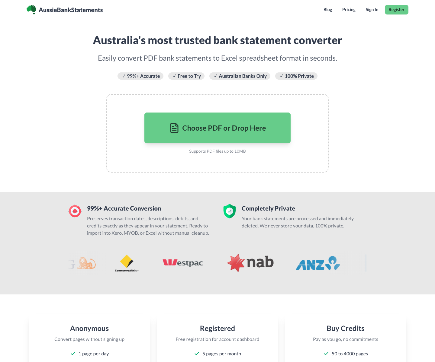 Aussie Bank Statement Converter landing page screenshot