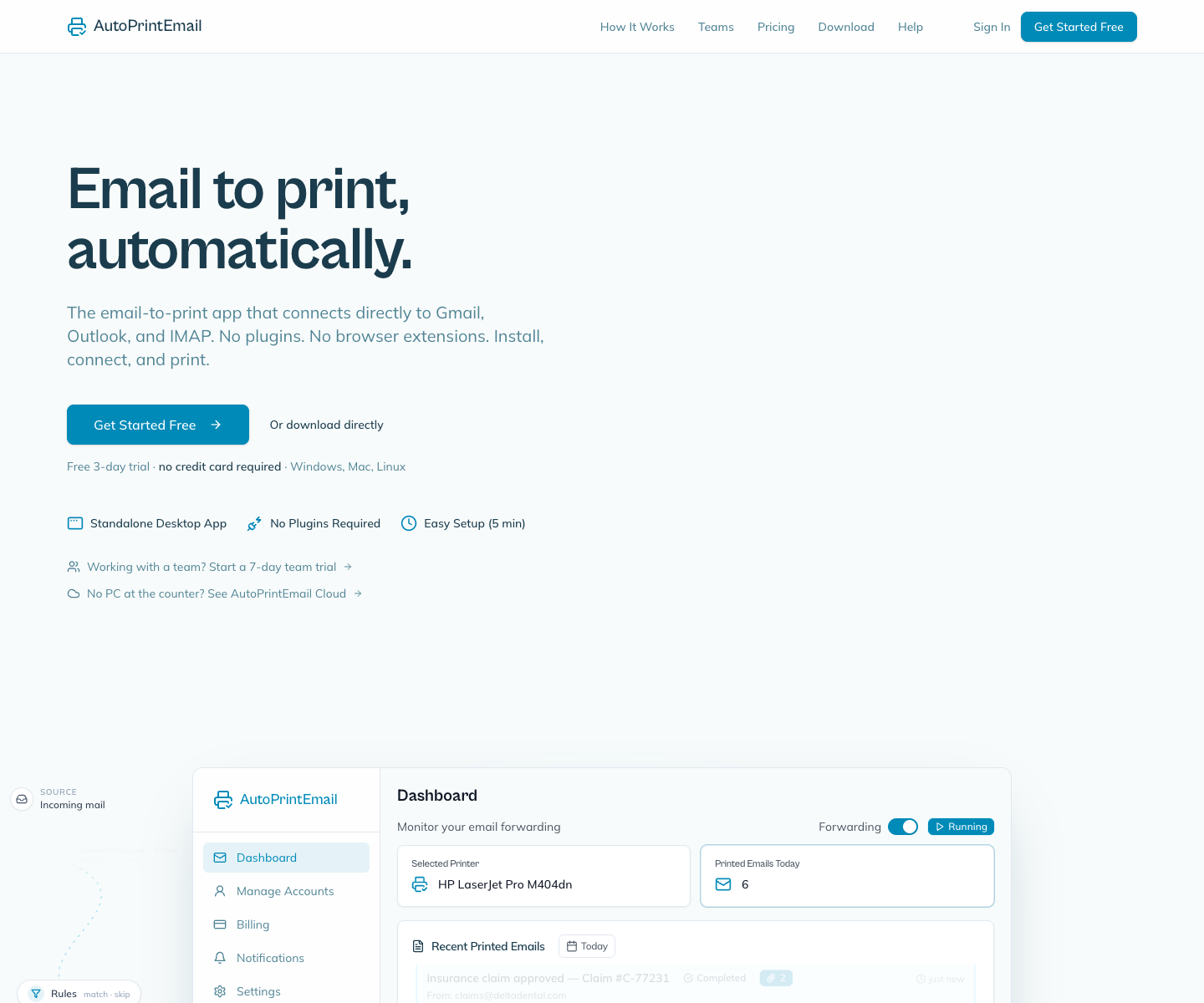 AutoPrintEmail landing page screenshot