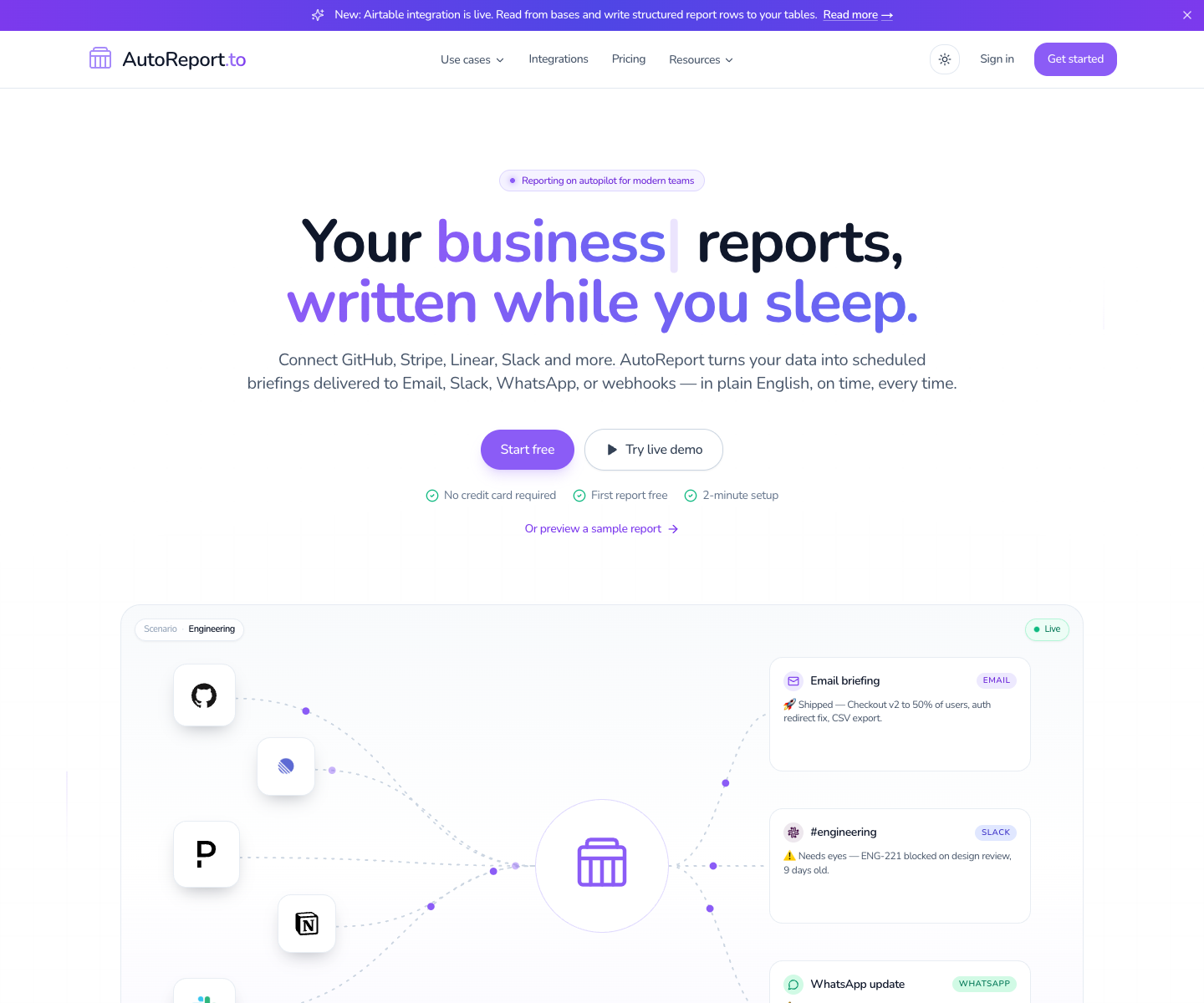 AutoReport.to landing page screenshot