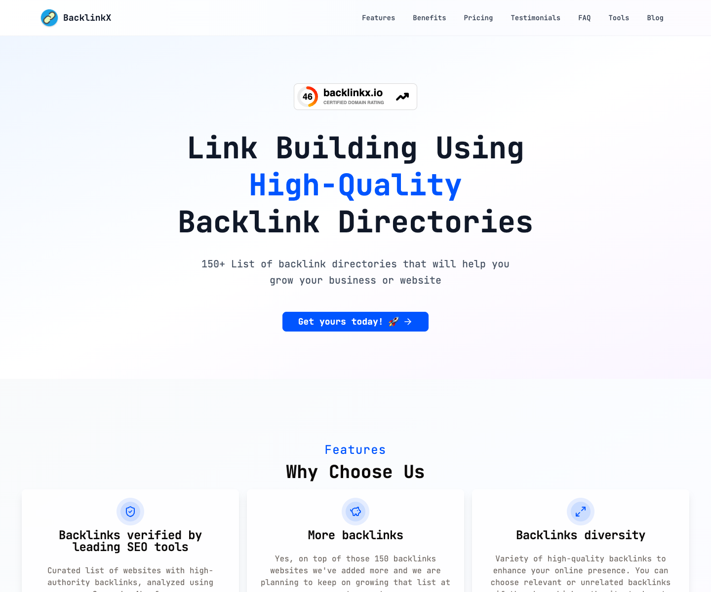 Backlinkx.io landing page screenshot
