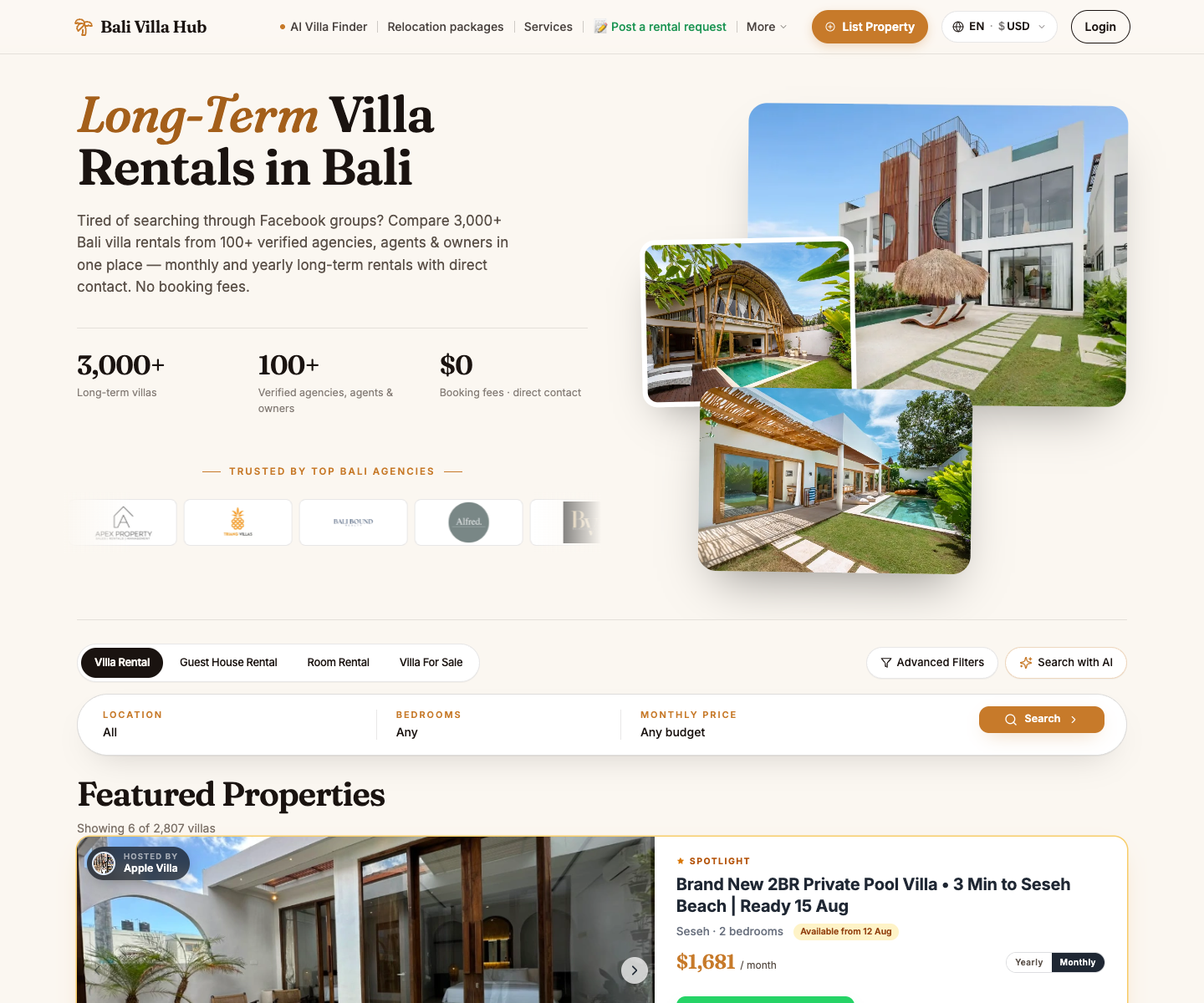 Bali Villa Hub landing page screenshot