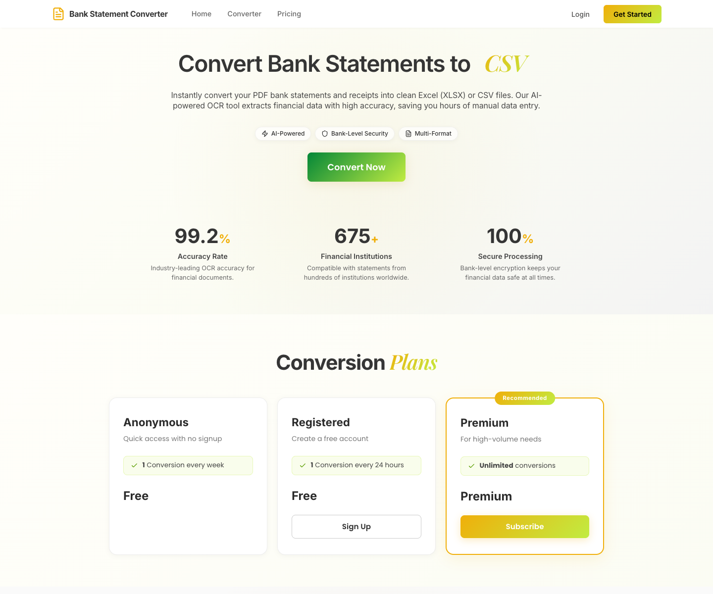Bank statement Converter Pro landing page screenshot