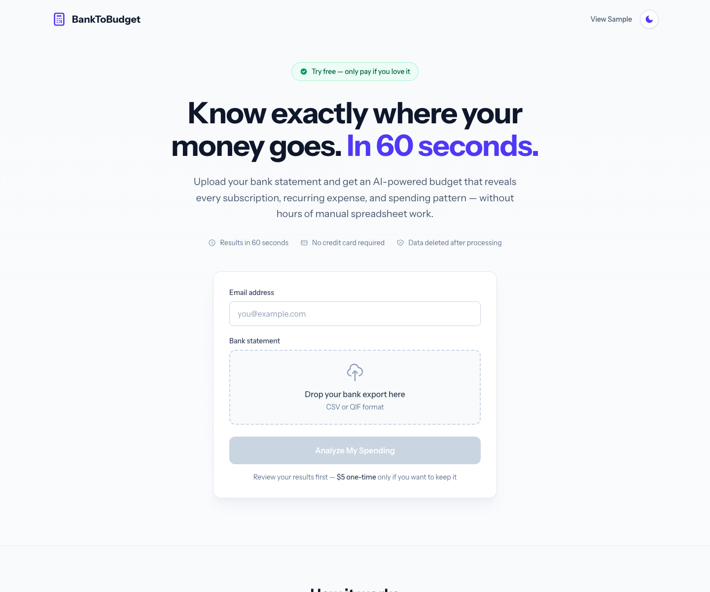 BankToBudget landing page screenshot