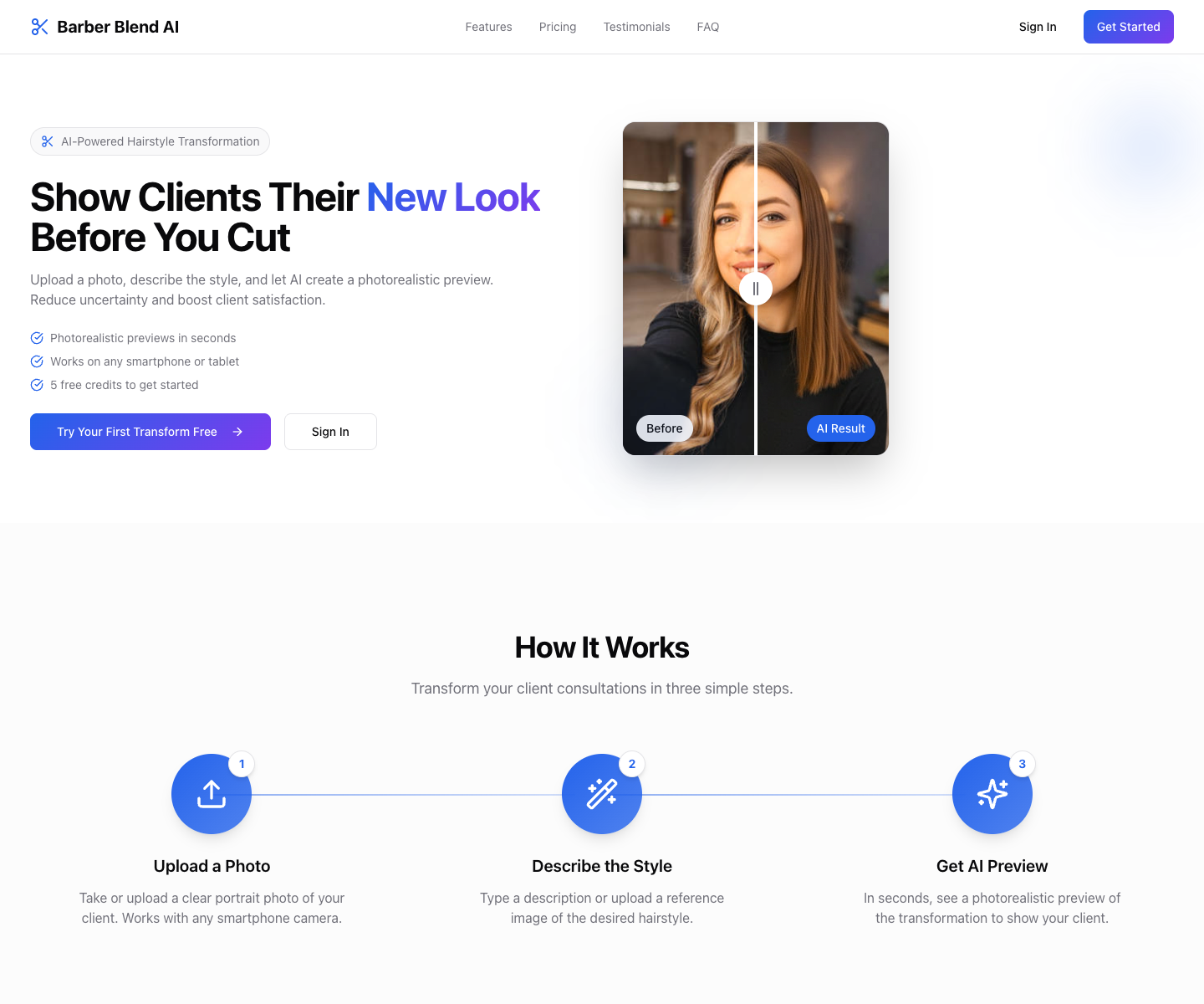 Barber Blend Ai landing page screenshot