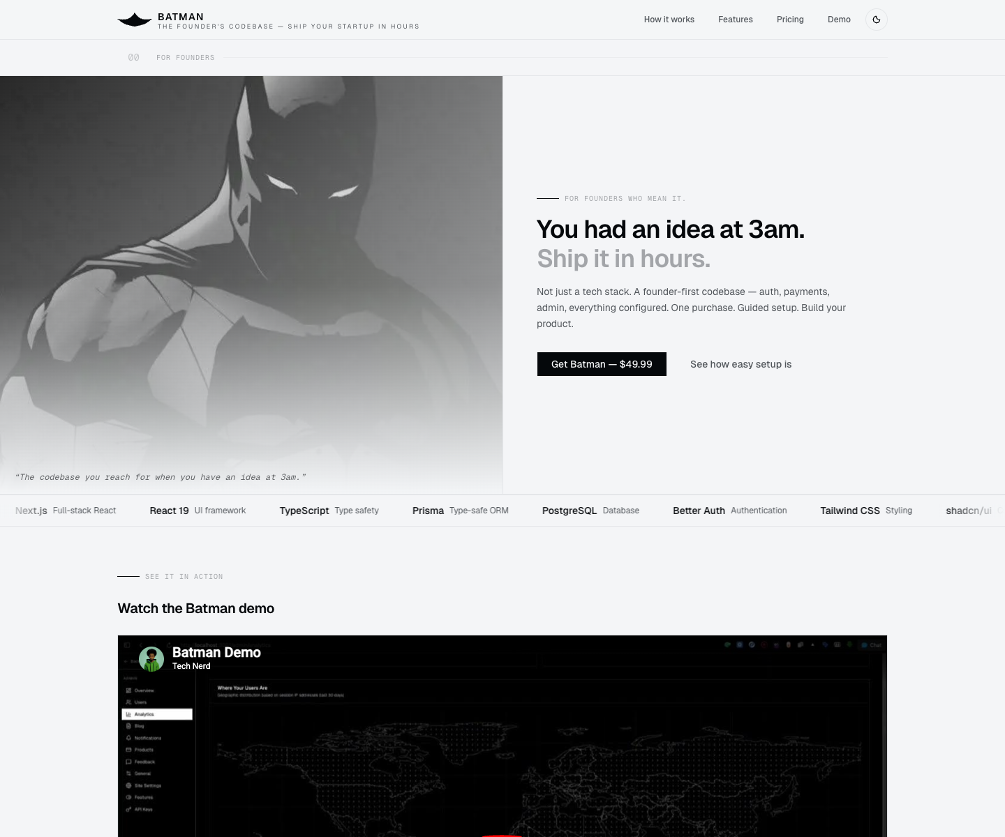 Batman Founder Boilerplate landing page screenshot