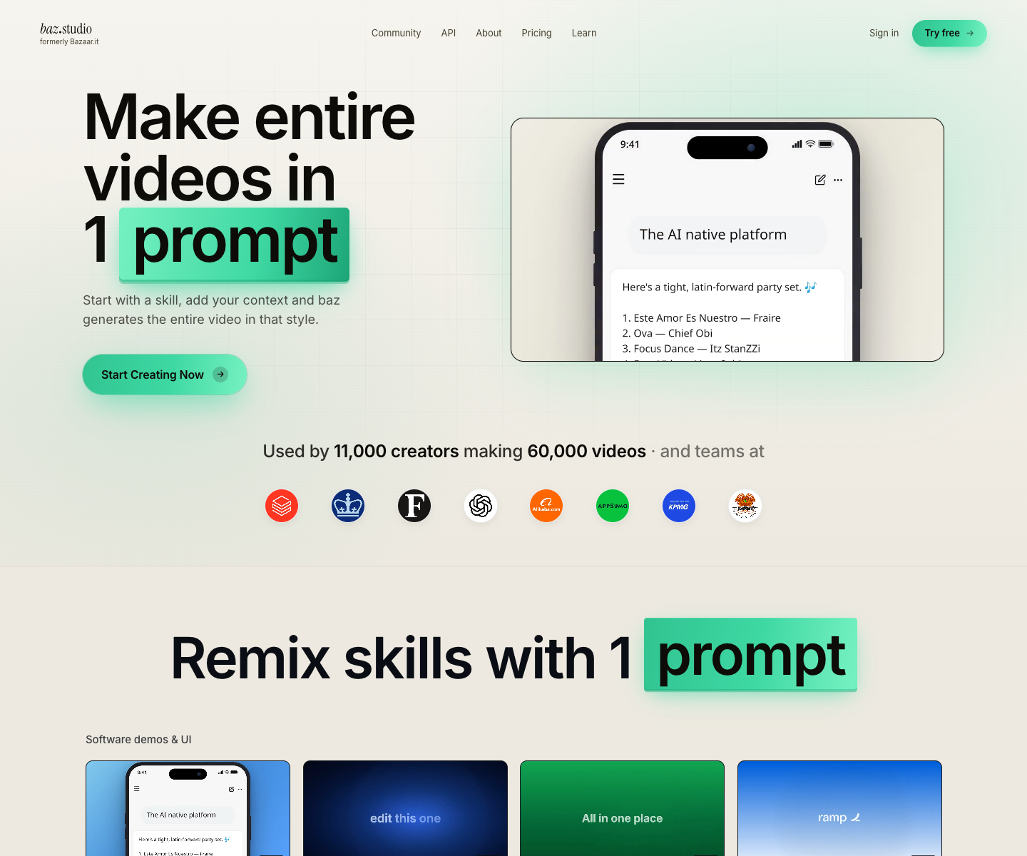 Bazaar landing page screenshot