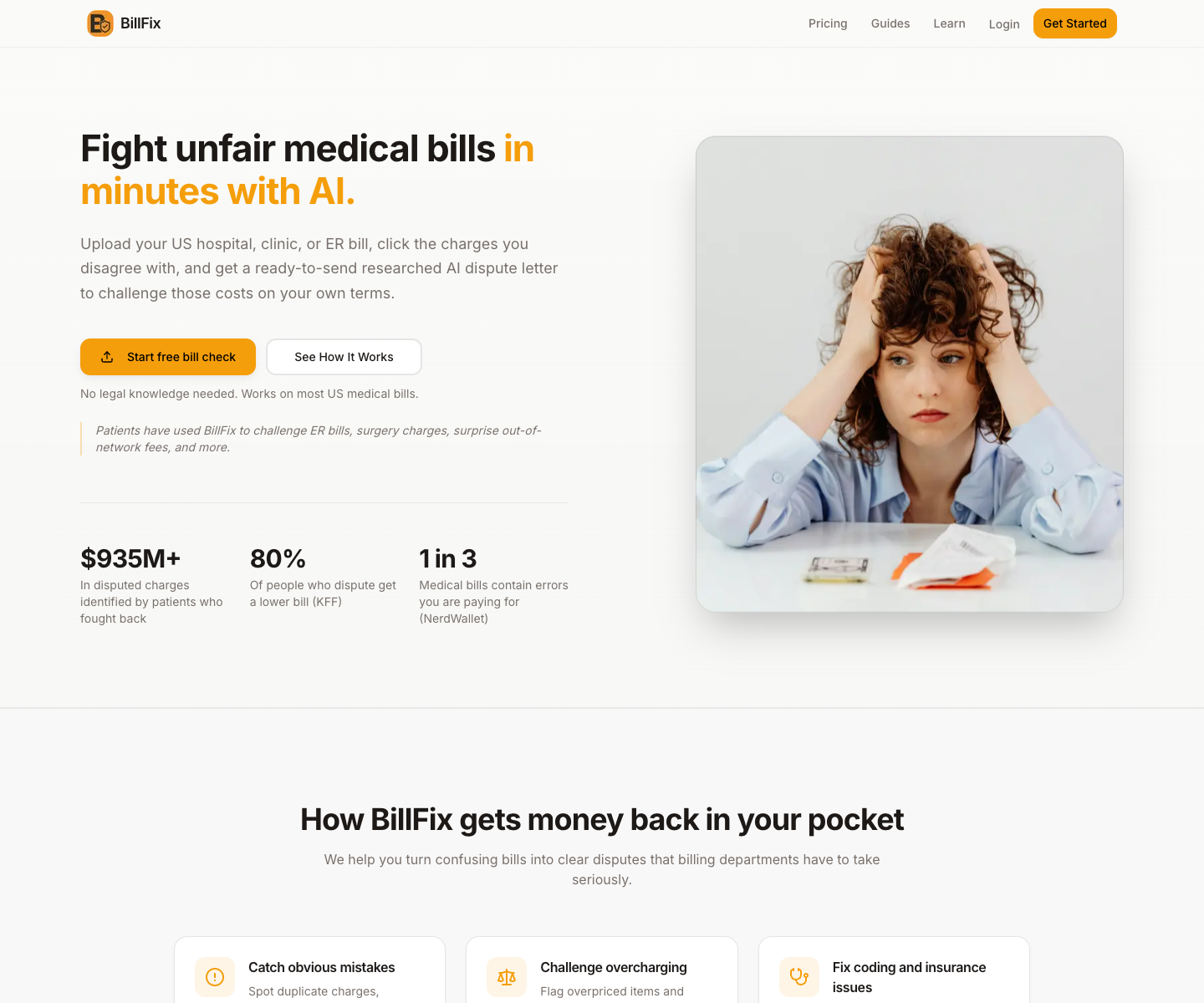 BillFix AI landing page screenshot