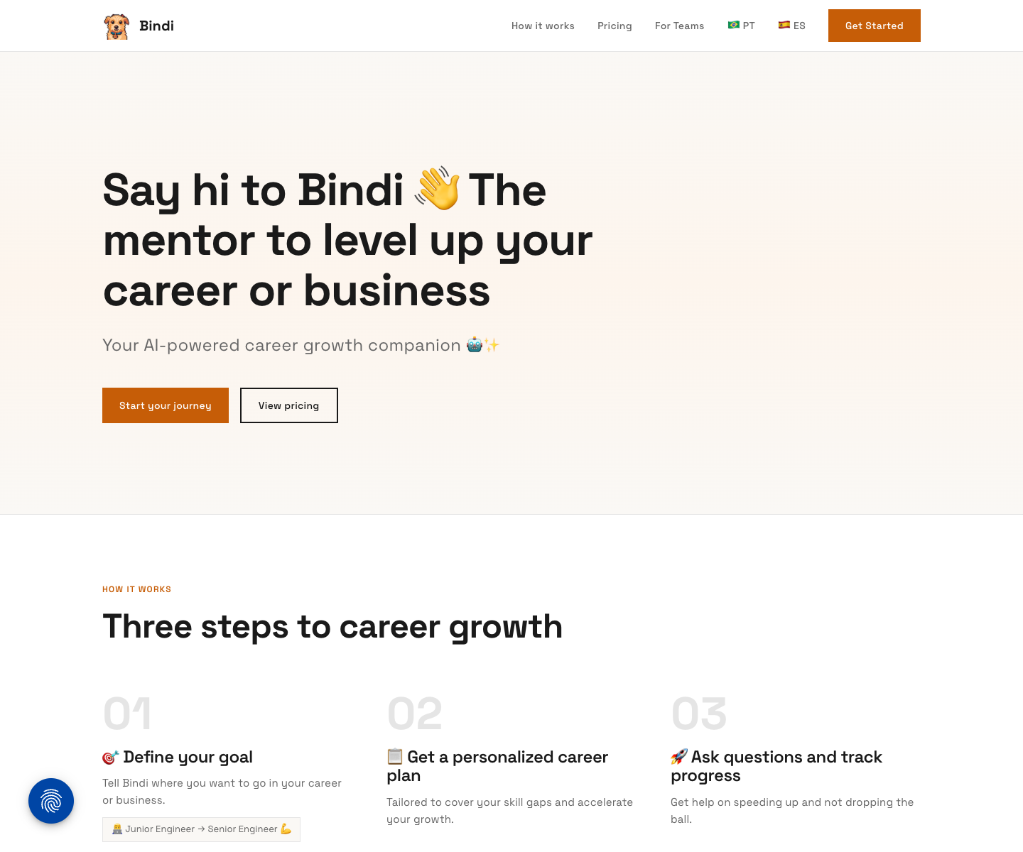 Bindi AI career mentor landing page screenshot