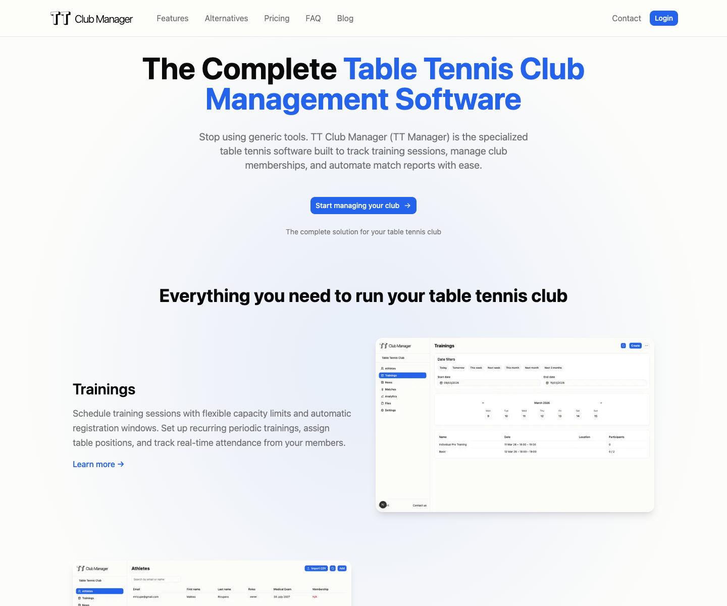TT Club Manager landing page screenshot