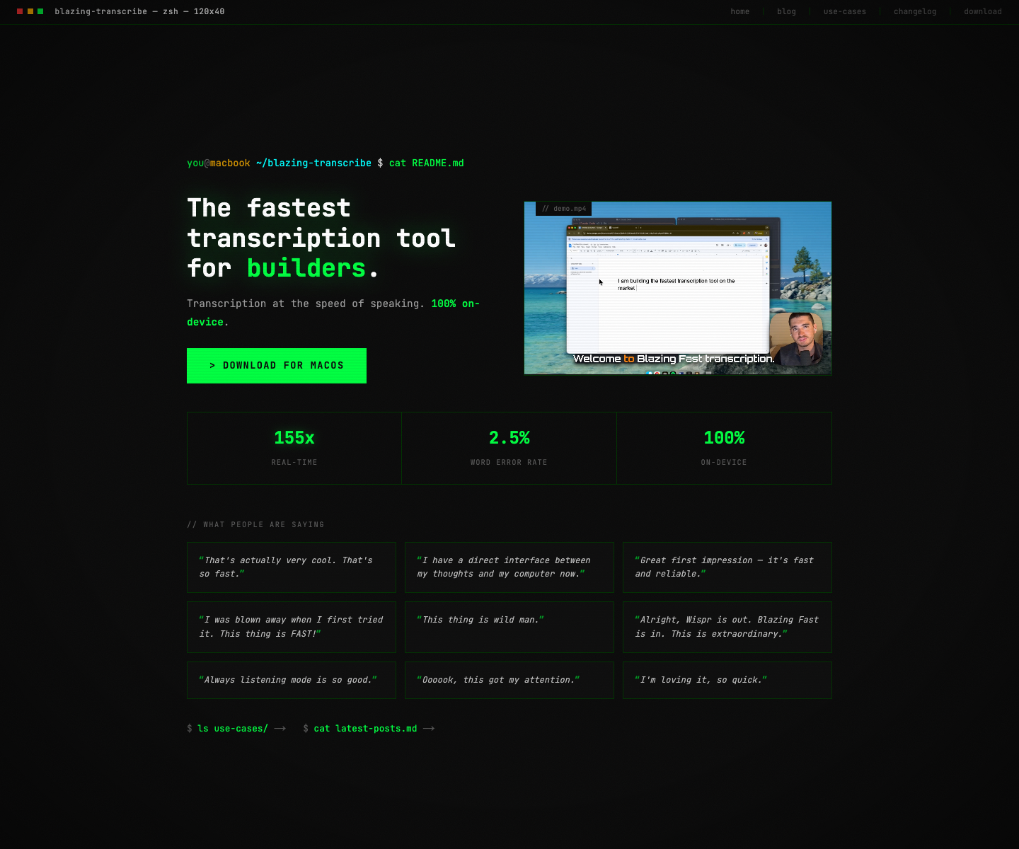 BlazingFastTranscription.com landing page screenshot
