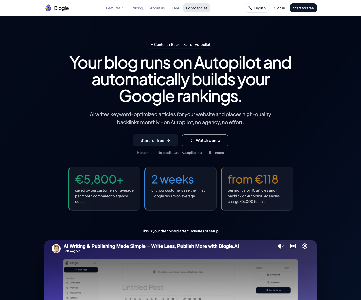 Blogie landing page screenshot