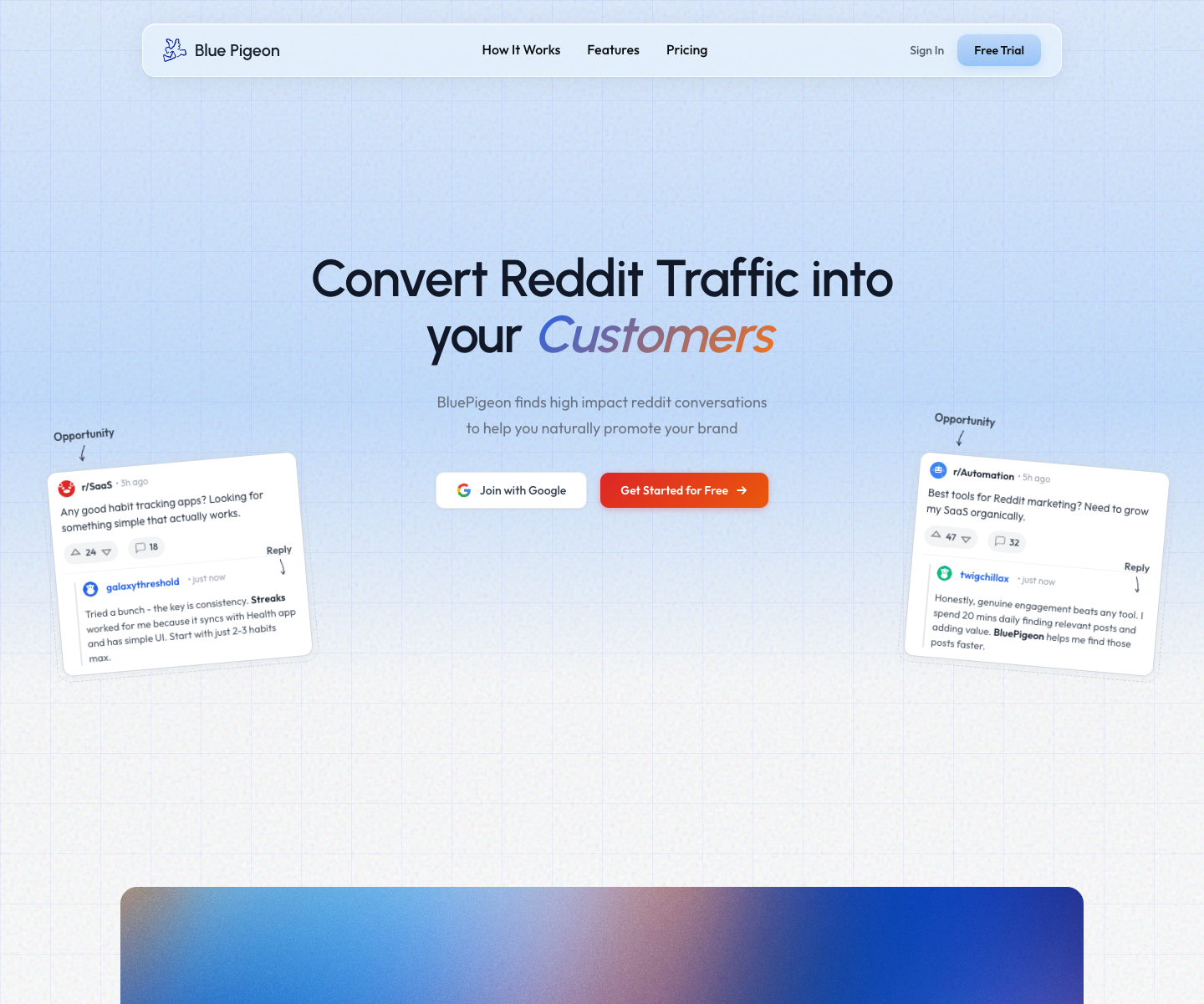 Blue Pigeon landing page screenshot