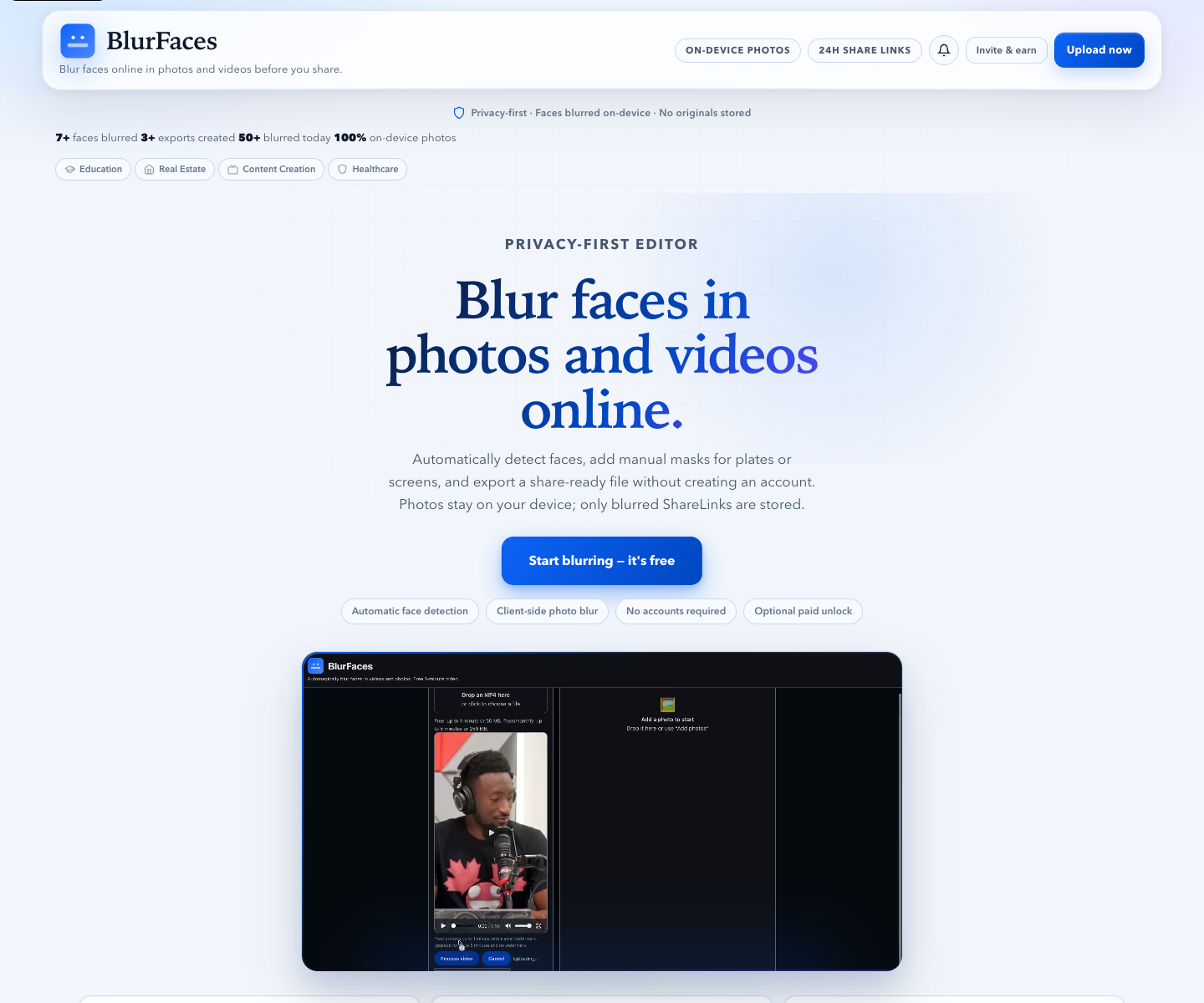 Blurfaces landing page screenshot