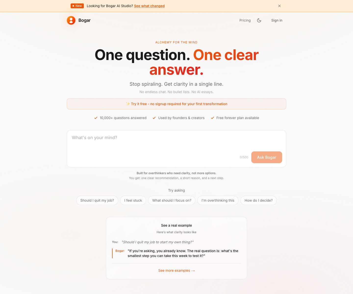 Bogar AI landing page screenshot