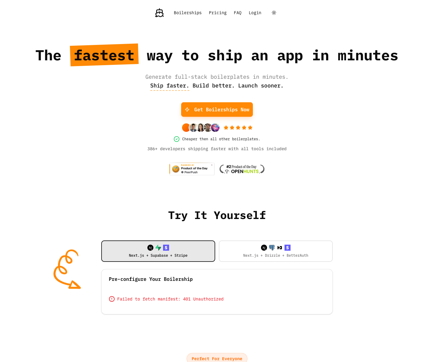 Boilerships landing page screenshot