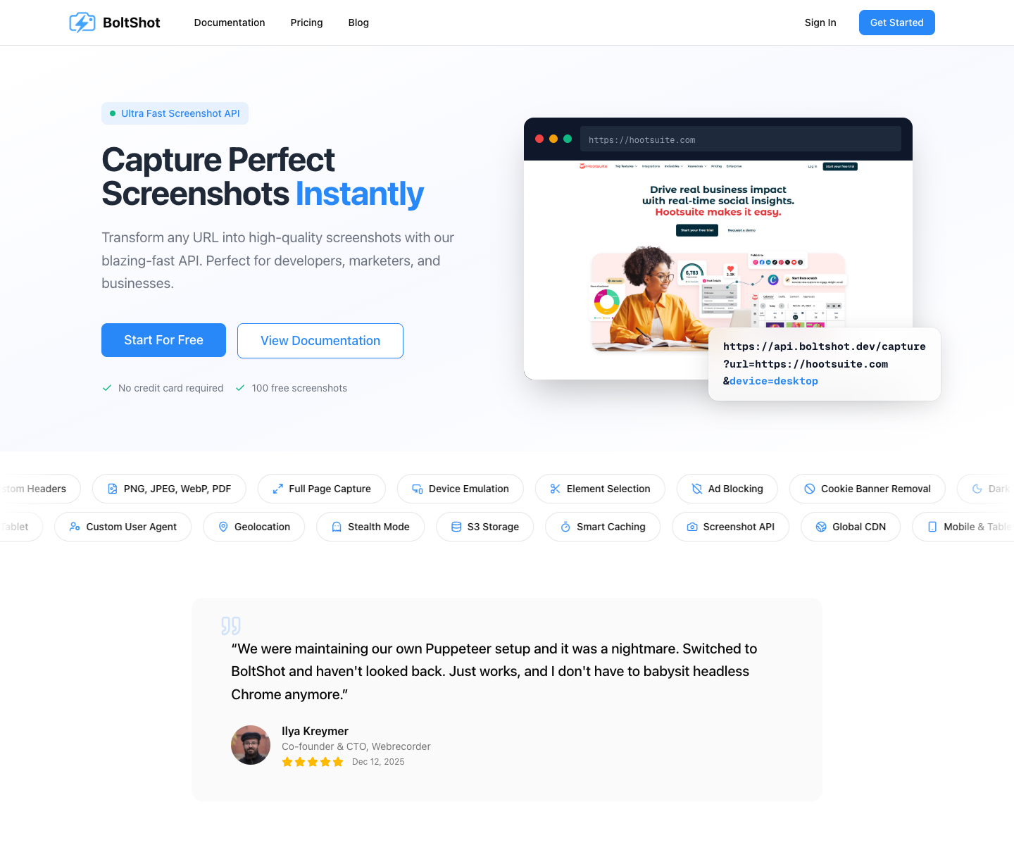 BoltShot landing page screenshot