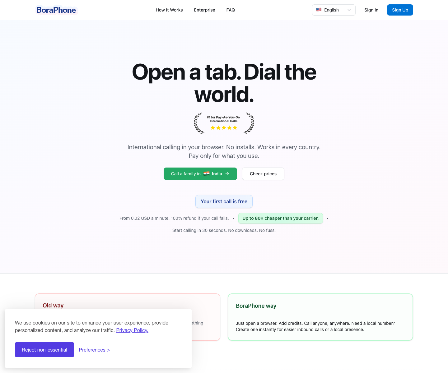 BoraPhone landing page screenshot