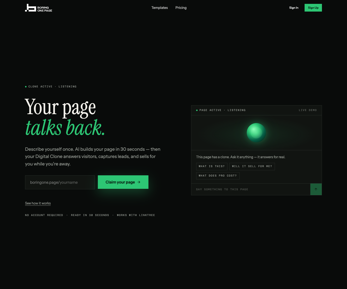 BoringOnePage landing page screenshot
