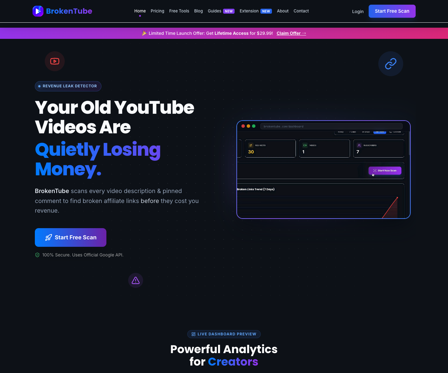 BrokenTube AI landing page screenshot