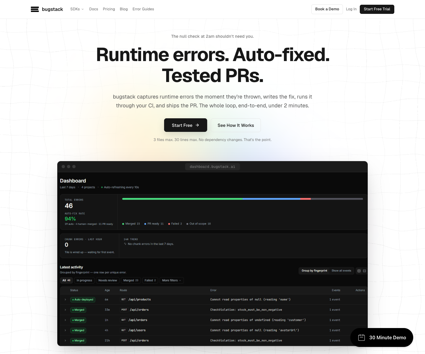 bugstack landing page screenshot