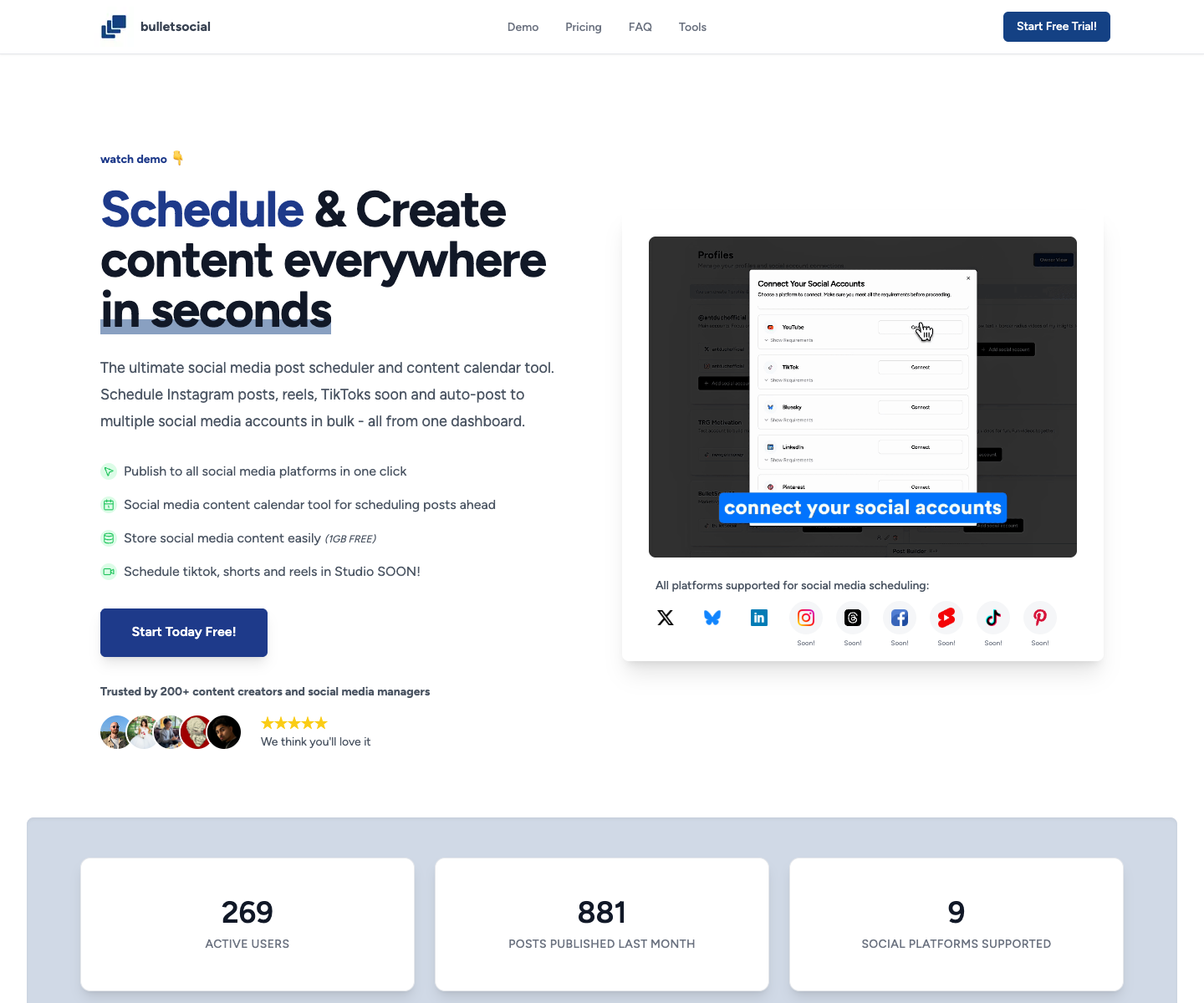 BulletSocial landing page screenshot