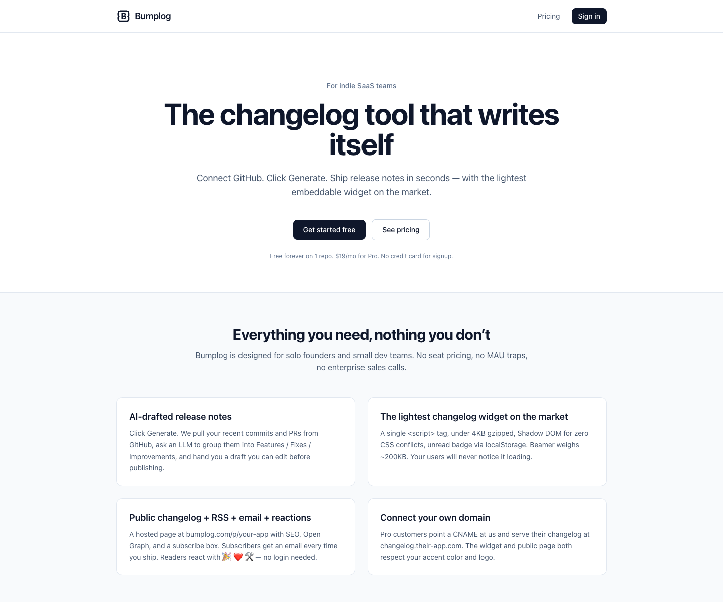Bumplog landing page screenshot