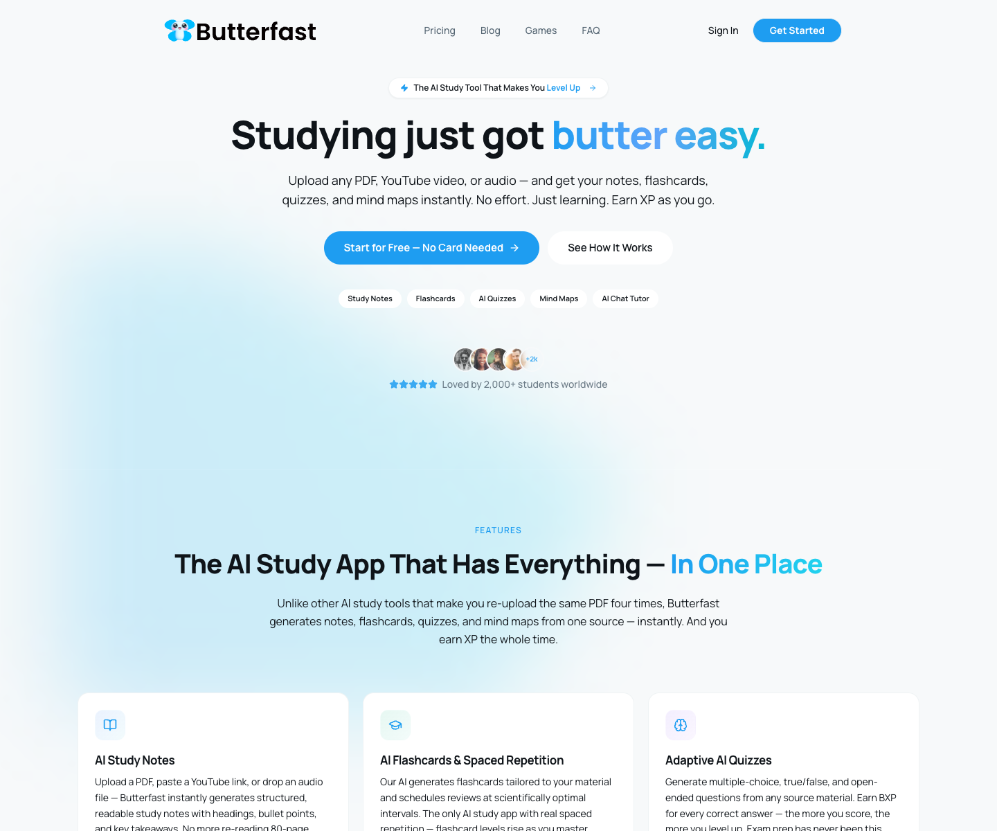 Butterfast — AI Study Companion landing page screenshot