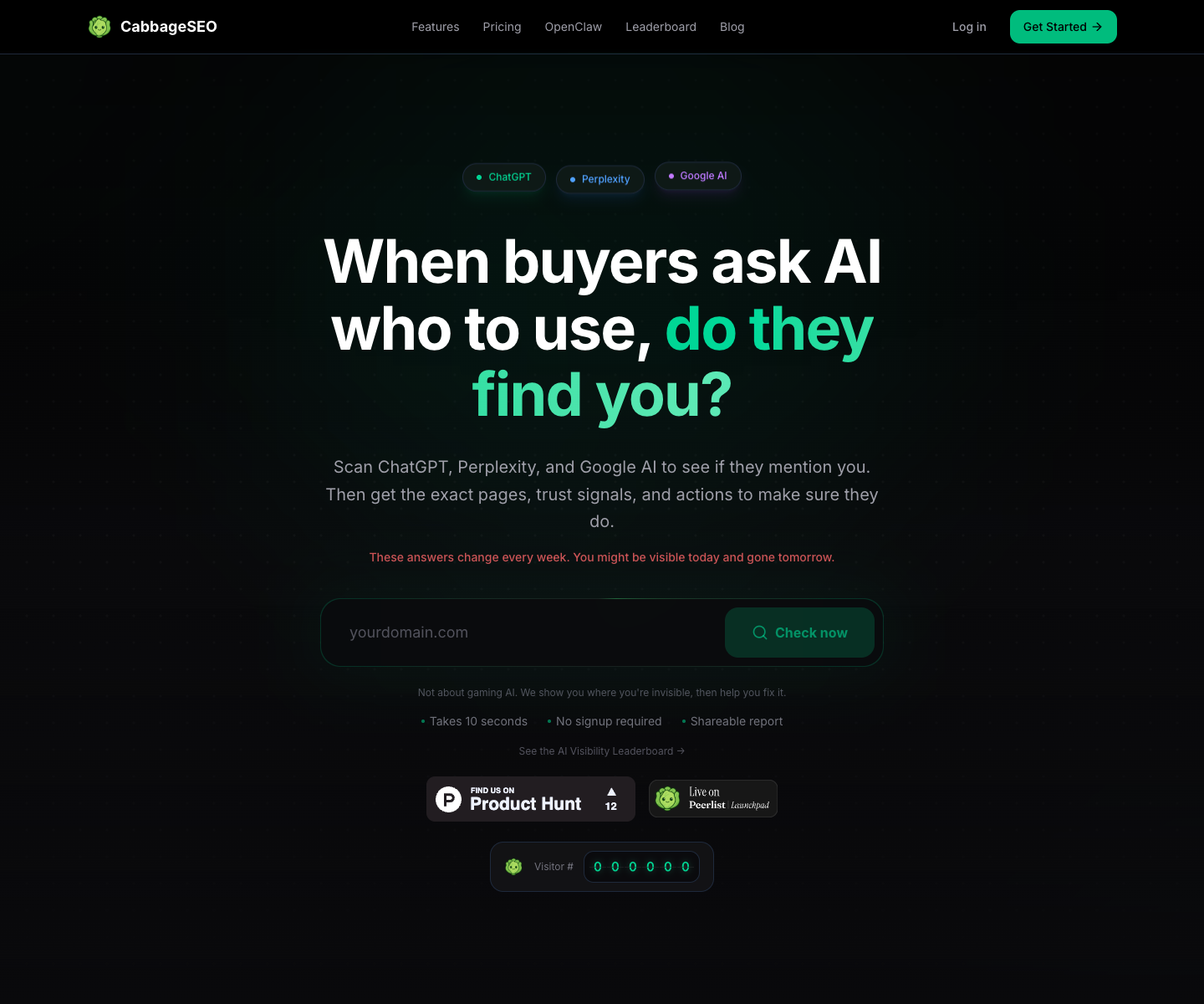 cabbageSEO landing page screenshot