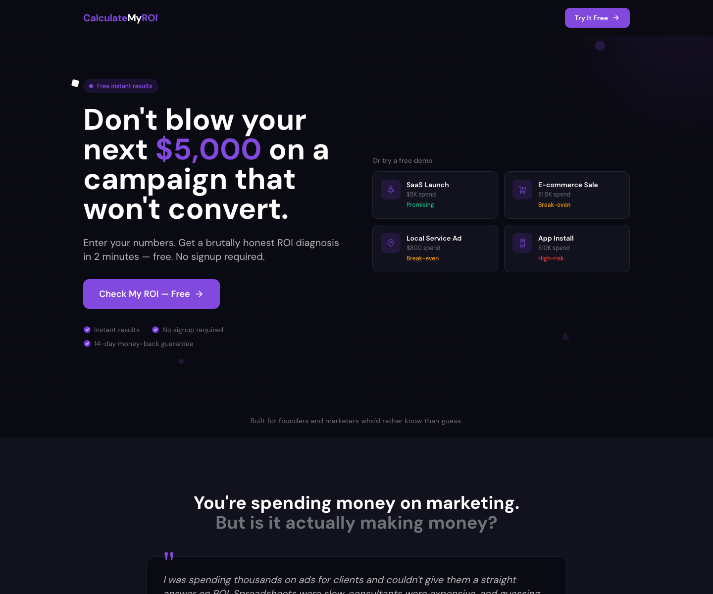 CalculateMyROI landing page screenshot