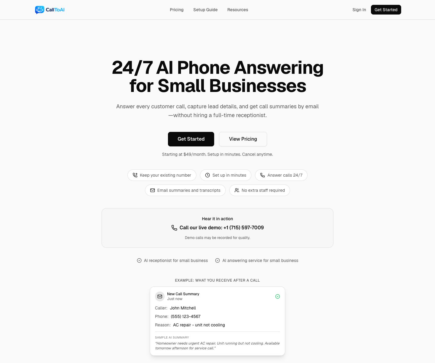 Call to AI landing page screenshot