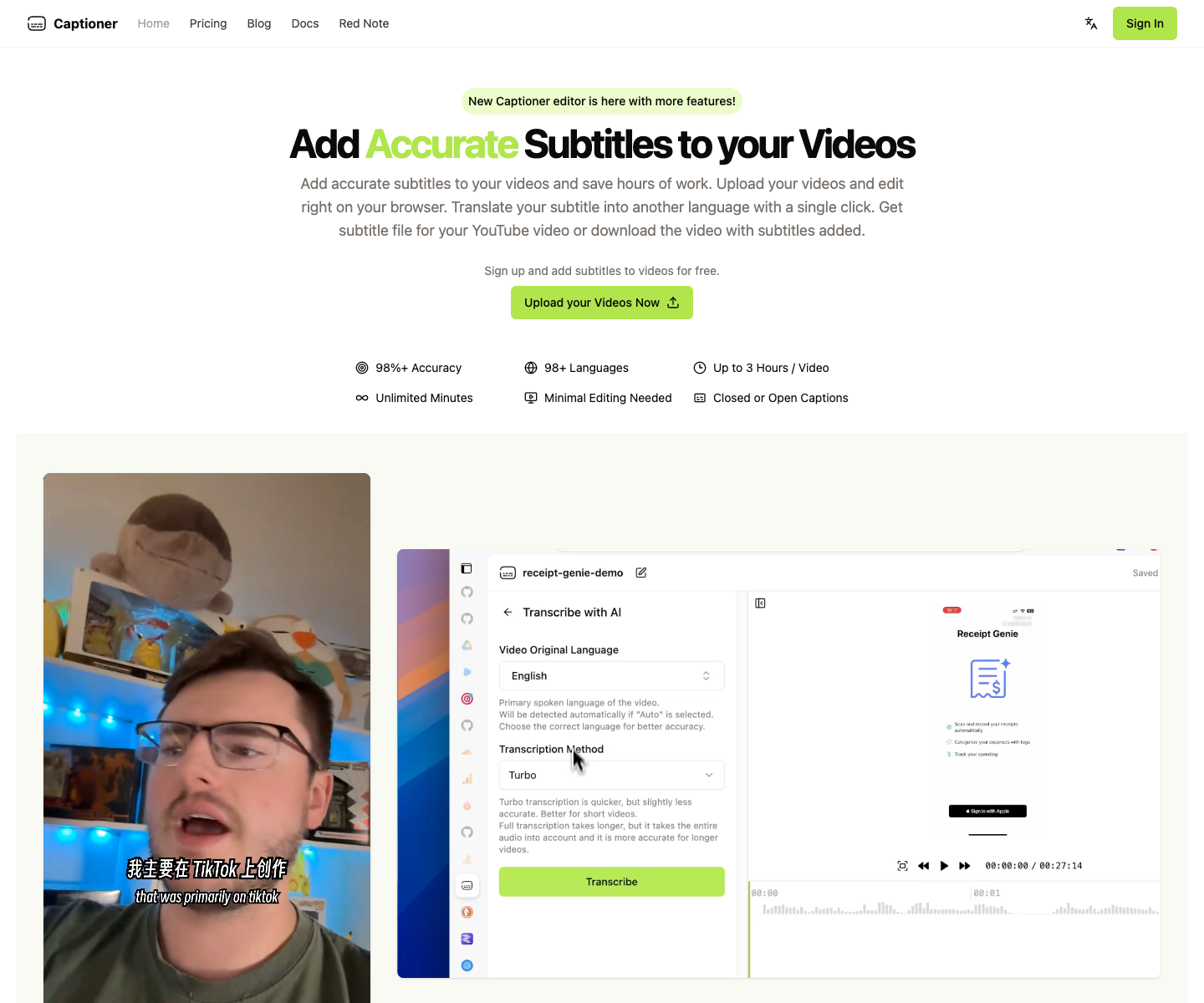 Captioner landing page screenshot