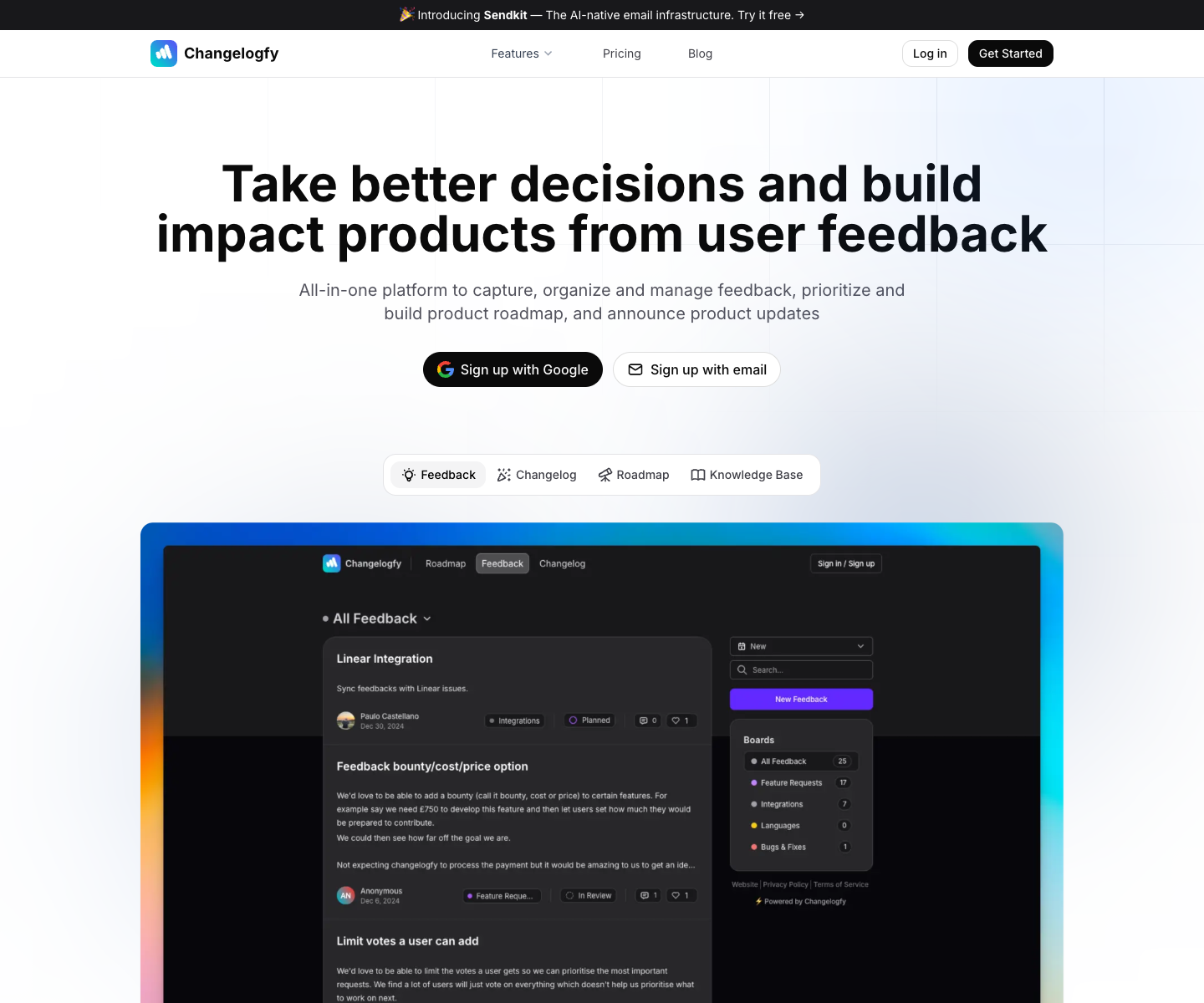 Changelogfy landing page screenshot