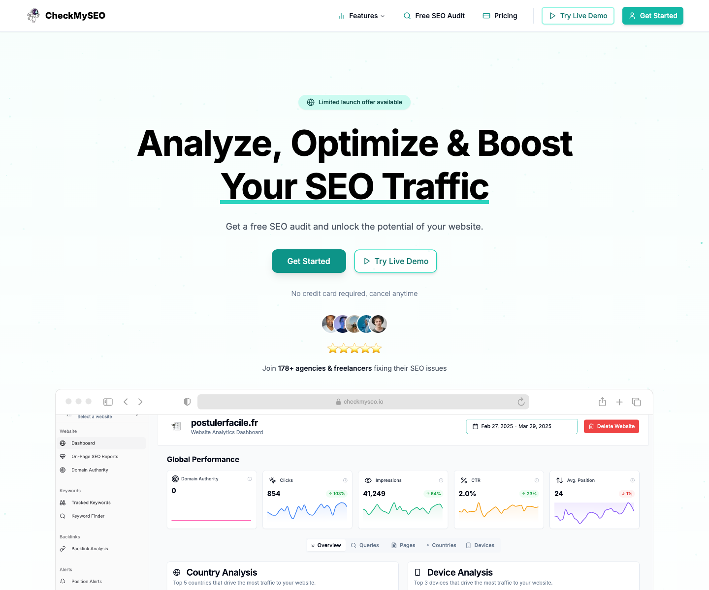 CheckMySEO - SEO Audit landing page screenshot