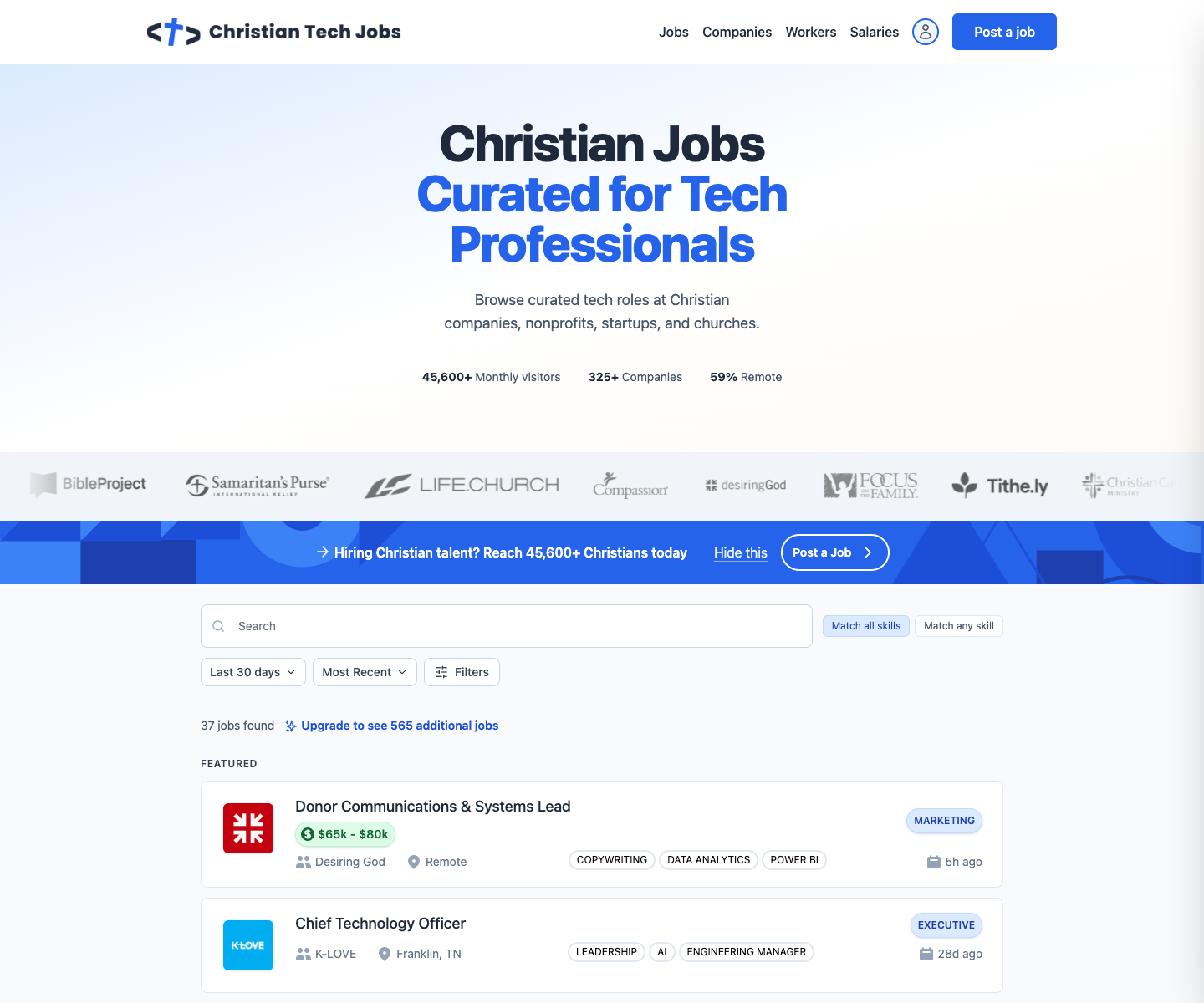 Christian Tech Jobs landing page screenshot
