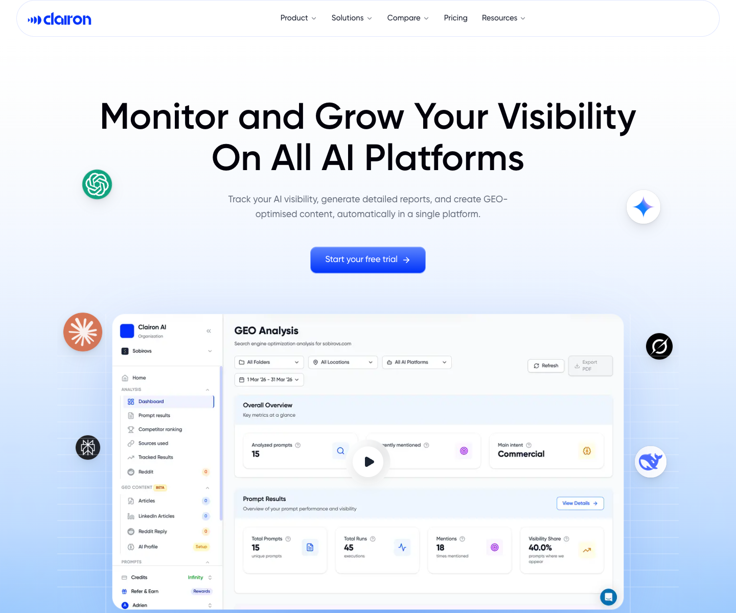 Clairon AI landing page screenshot