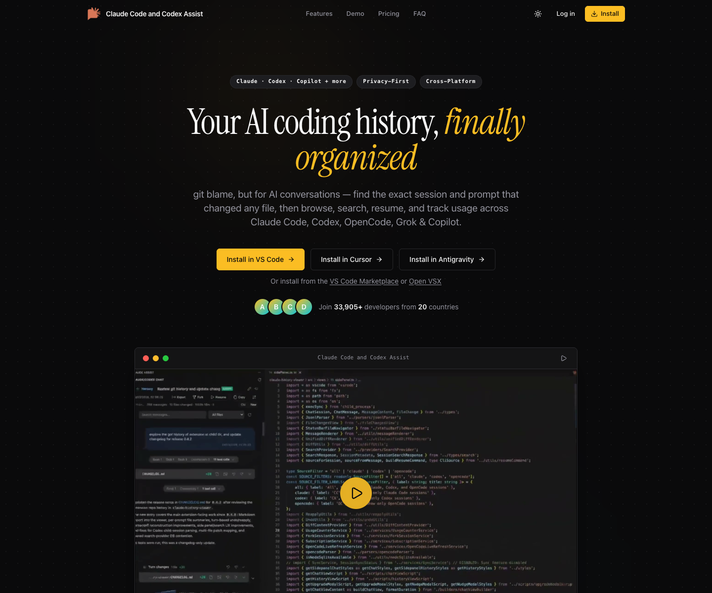 Claude Code and Codex Assist - History, Diff Viewer, Chat Manager landing page screenshot