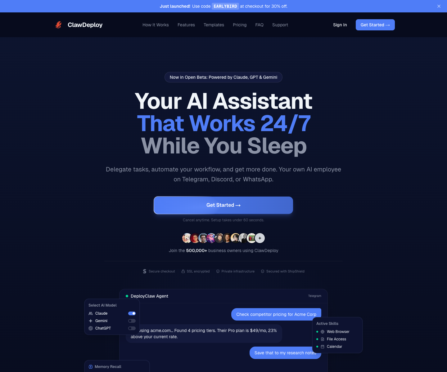 Claw Deploy landing page screenshot