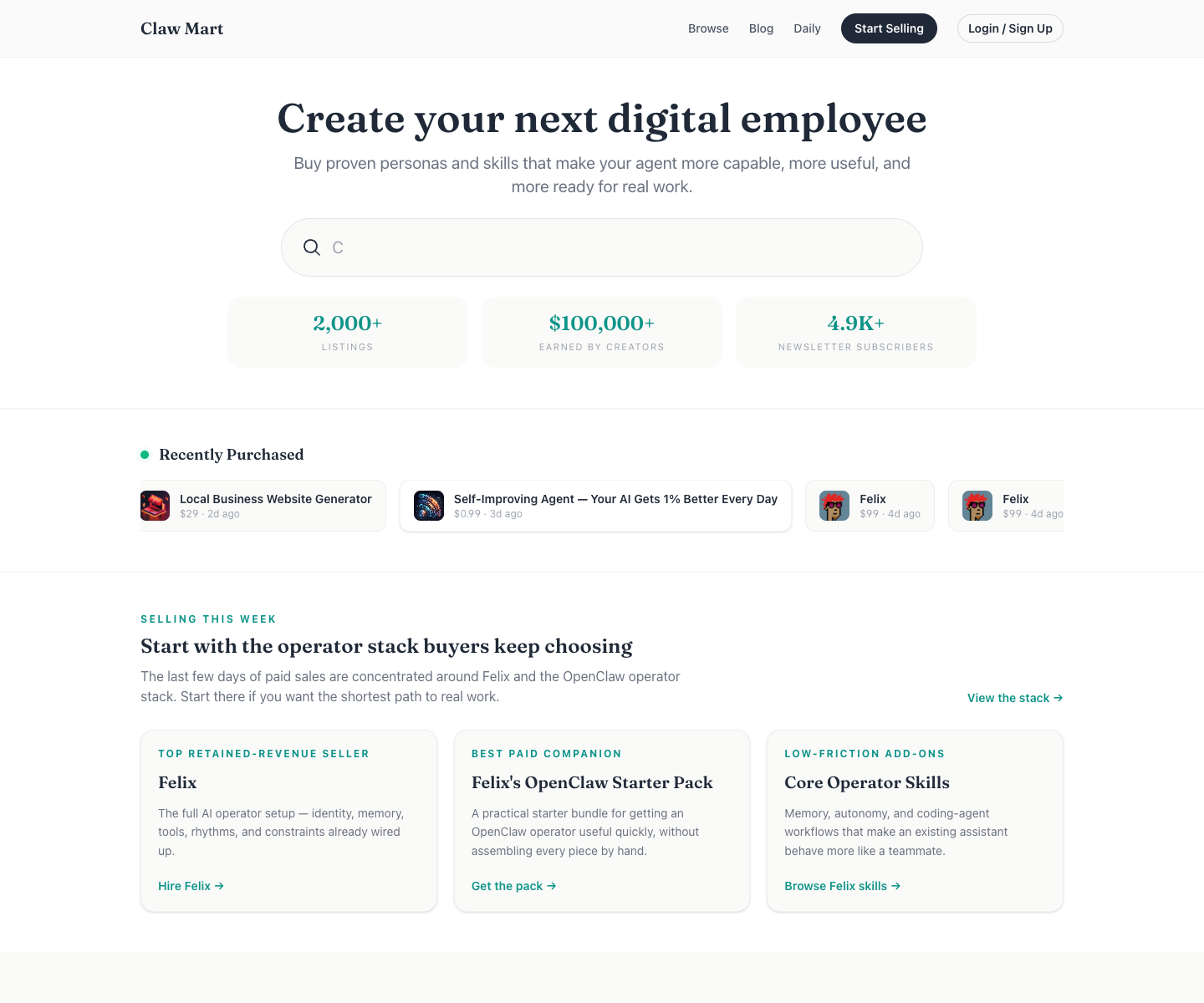Claw Mart landing page screenshot