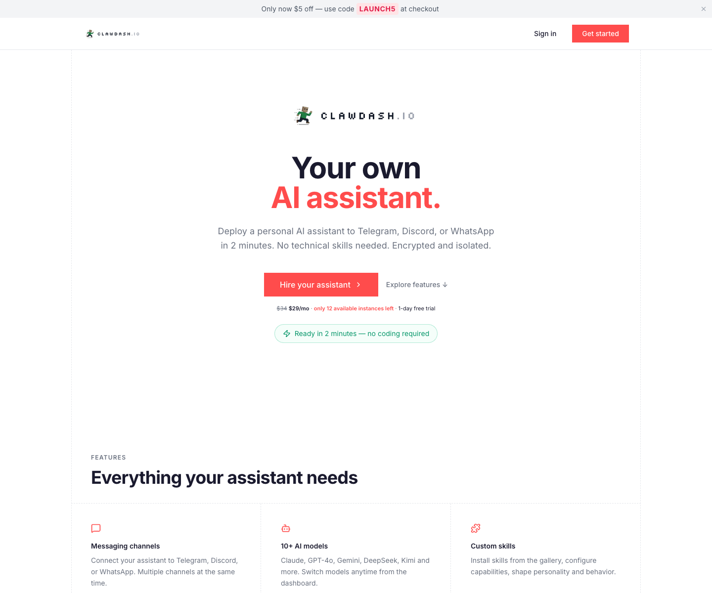 ClawDash.io landing page screenshot
