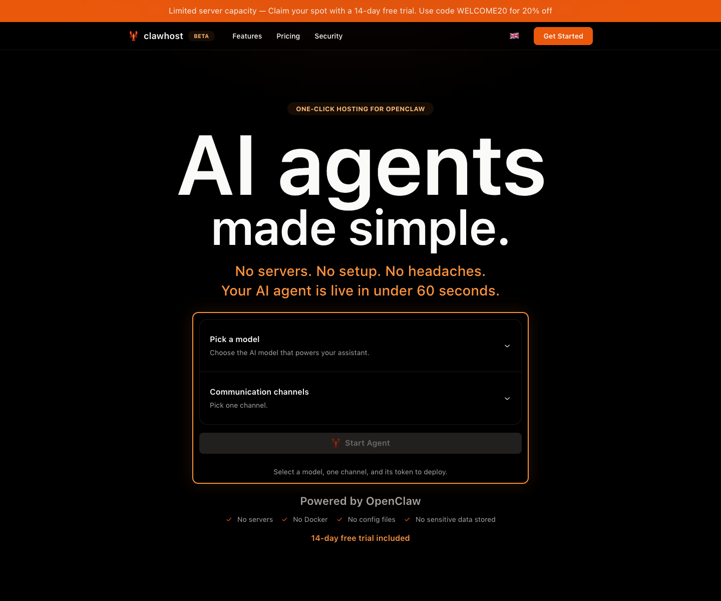 ClawHost.com landing page screenshot