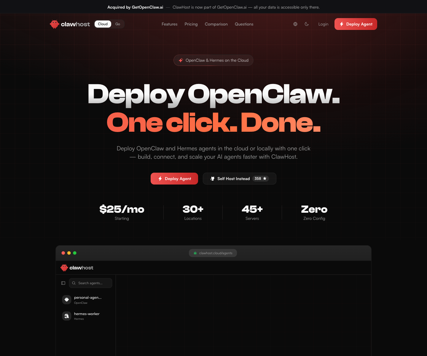 ClawHost landing page screenshot
