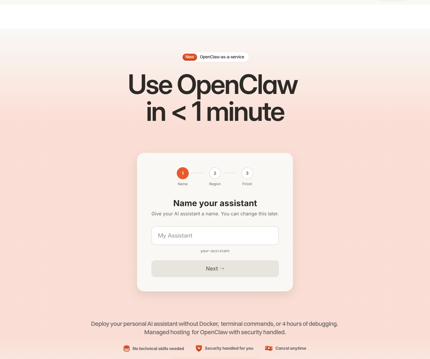 Clawnest | Safely hosted OpenClaw set up in 1 minute | OpenClaw-as-a-service landing page screenshot