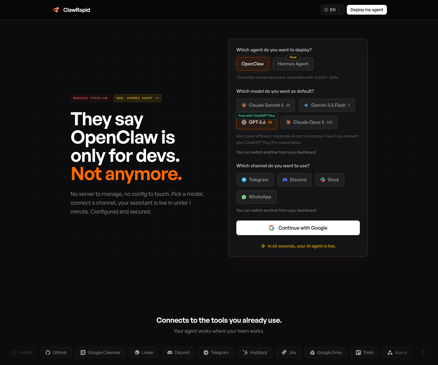 ClawRapid landing page screenshot