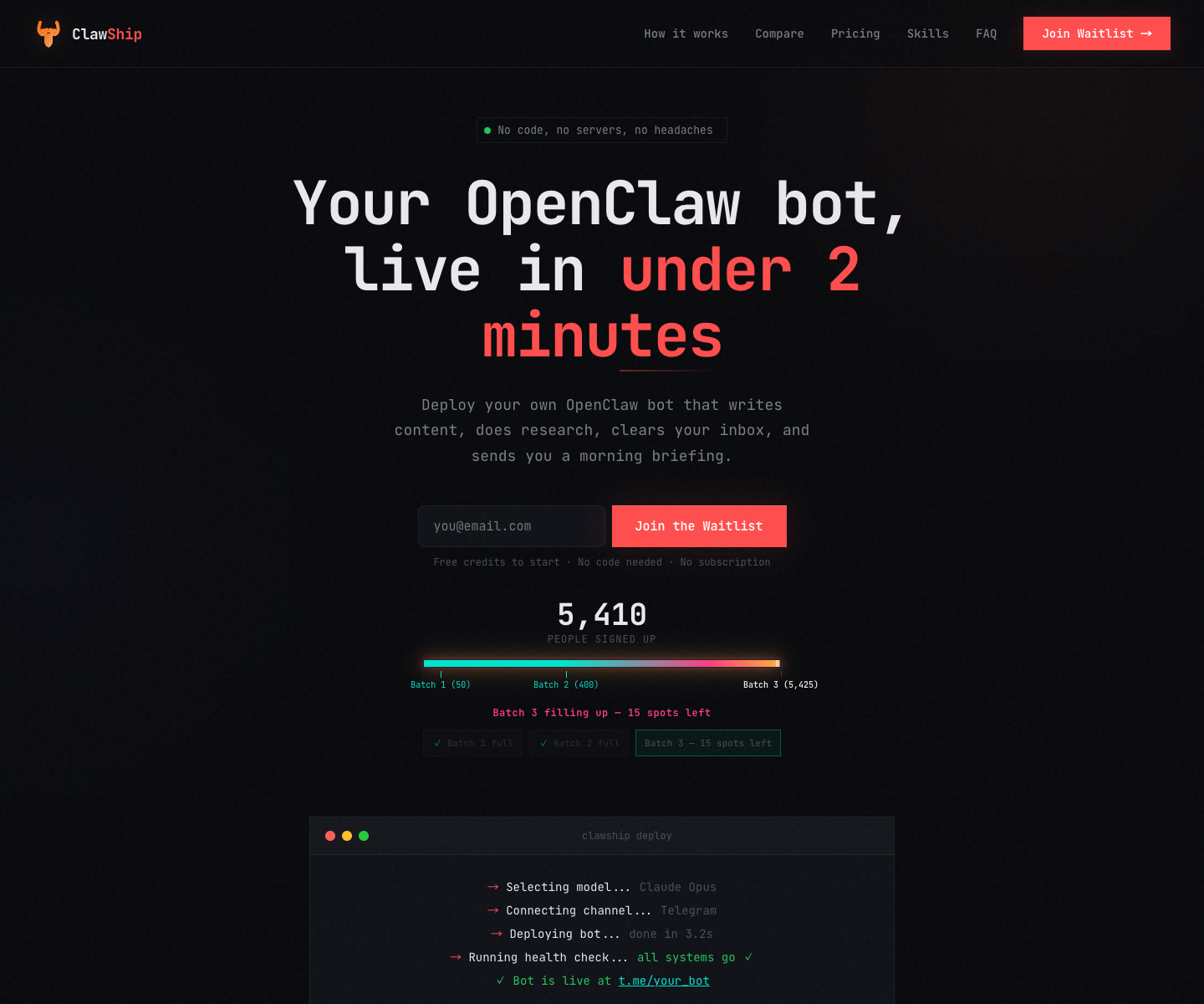 ClawShip.dev landing page screenshot