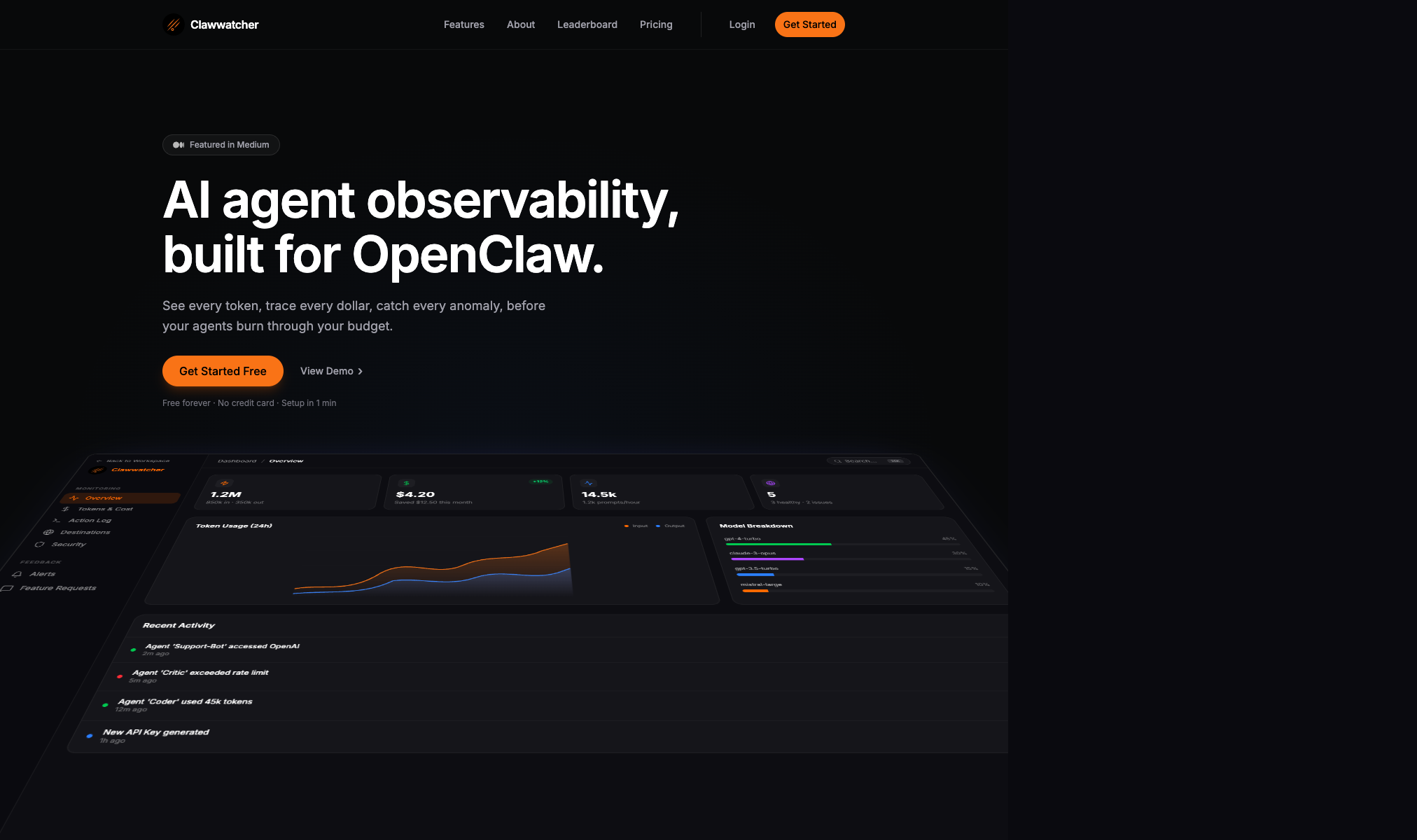 Clawwatcher landing page screenshot