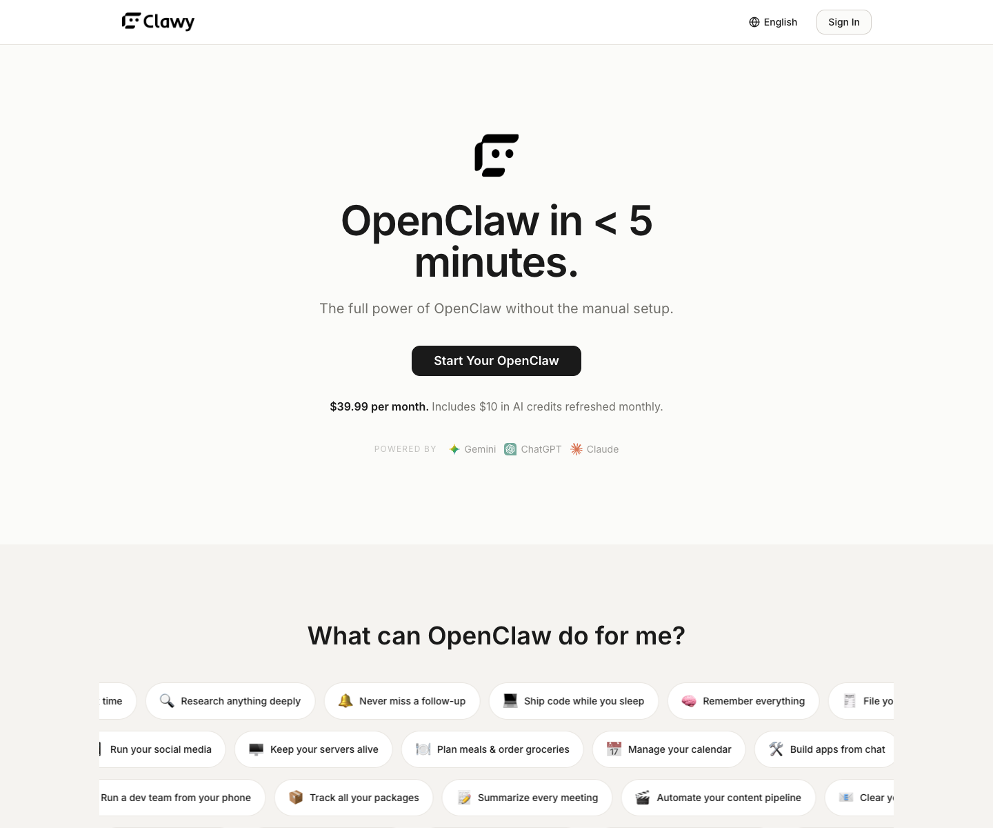 Clawy landing page screenshot